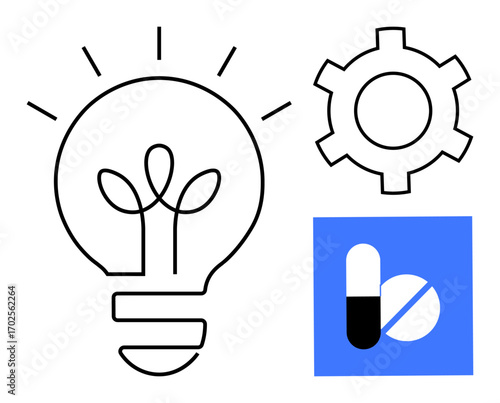 Lightbulb and gear symbolize innovation and solutions, while capsule denotes healthcare. Ideal for concepts thumbs up innovation, technology, healthcare, creativity, research, strategy, simple