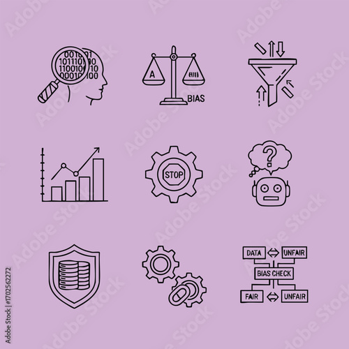 Set of nine black line icons representing data analysis, bias detection, filtering, growth, automation, AI confusion, security, settings, and fairness check
