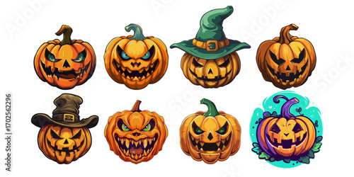 Cartoon Halloween pumpkins with creepy and comical expressions, colorful hand-drawn style, isolated on white background, concept of spooky fun