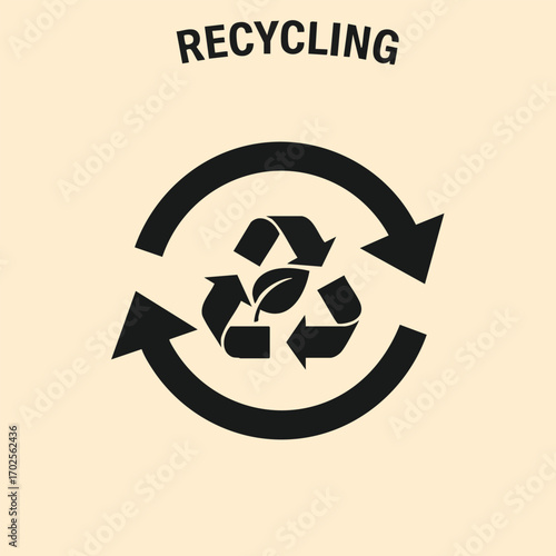 Black recycling symbol with leaf inside and circular arrows representing environmental sustainability and eco friendly practices