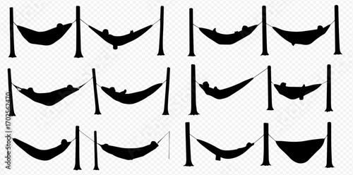 Diverse black silhouettes illustrating people in various relaxed and sleeping poses within hammocks suspended between posts.