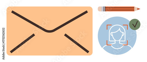 Closed envelope, facial recognition profile with checkmark, pencil for content creation. Ideal for communication, security, messaging, authentication, identity, content creation simple flat metaphor