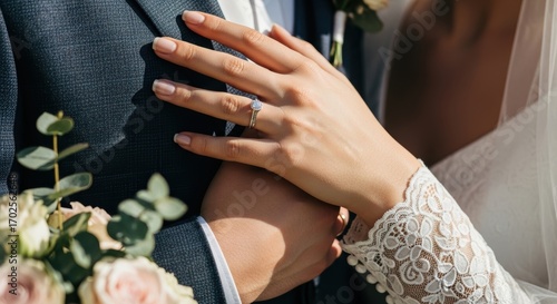 Elegant wedding moment with bride and groom showing engagement ring