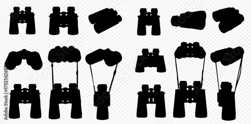 Various black silhouettes of binoculars presented in multiple perspectives, including front, side, and top views, some featuring straps, on a transparent background.