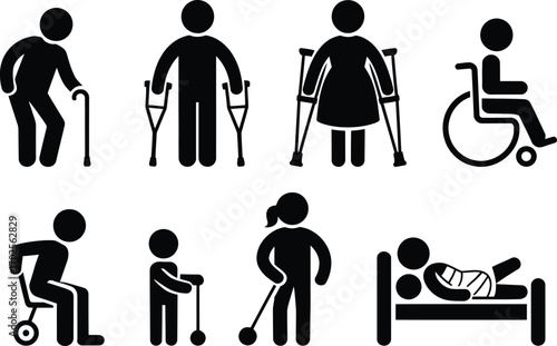 Diverse people with disabilities and mobility aids icon set accessible living figures