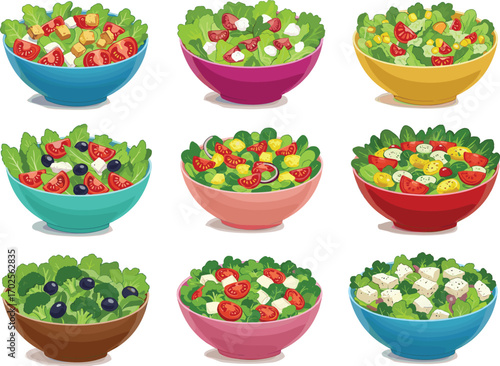 PrintAssorted colorful salad bowls with fresh vegetables, fruits, cheese, and toppings in vibrant dishes, healthy food variety vector illustration for nutrition