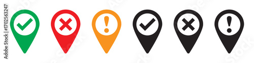 Check mark, cross, X, exclamation point, question mark and information mark vector. Tick, cross, exclamatory, question and info mark for right and wrong choices, Todo list, Choice list, feedback.