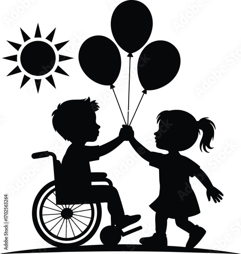 Child in wheelchair and girl share balloons under sunny sky silhouette symbolizing inclusion