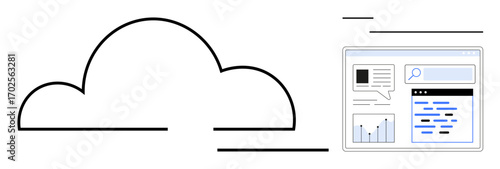 Cloud outline connected to a data dashboard featuring search bar, analytic charts, and structured text. Ideal for cloud computing, analytics, data storage, online solutions, SaaS, simplicity simple