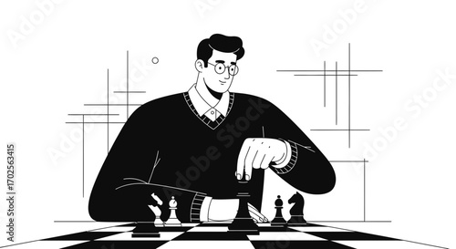 Intellectual Strategy: A Thoughtful Game of Chess in Elegant Minimalist Illustration