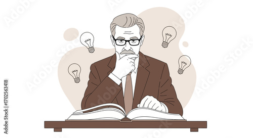Intelligent Man With Glasses Contemplating Ideas While Reading a Thick Book