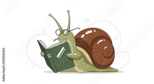 Intelligent Snail Sporting Eyeglasses Immersed In Reading a Book Learning