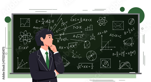 Introspective Scholar Contemplating Mathematical Equations Against A Blackboard Background