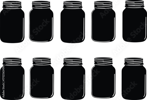 Mason jar silhouette set, black glass jar clipart, vintage kitchen container, empty storage jar illustration, canning jar vector icons