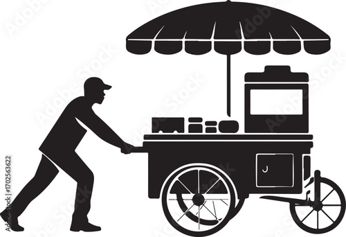 Silhouette of a man pushing a food cart with an umbrella street vendor