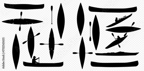 A collection of black silhouettes depicting various canoes, kayaks, and paddles, including people paddling, against a transparent background.