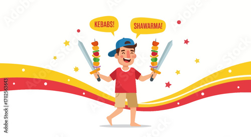 Joyful Boy Celebrating The Delicious Taste Of Kebabs And Shawarma In A Delightful Illustration