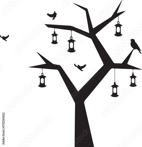 Silhouette of a bare tree with hanging lanterns and birds in flight branches