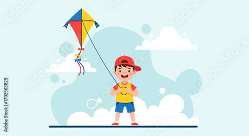 Joyful Boy Playing With A Colorful Kite Under A Bright Blue Sky With Cumulus Clouds