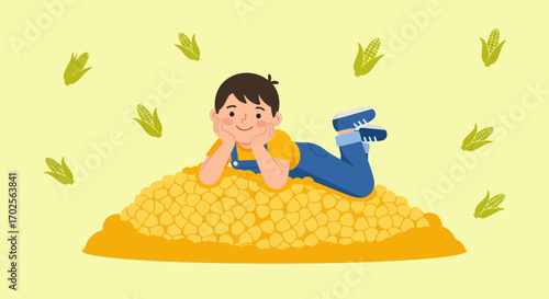Joyful Boy Reclines Amidst Harvest Bounty of Corn, Embracing Rural Life