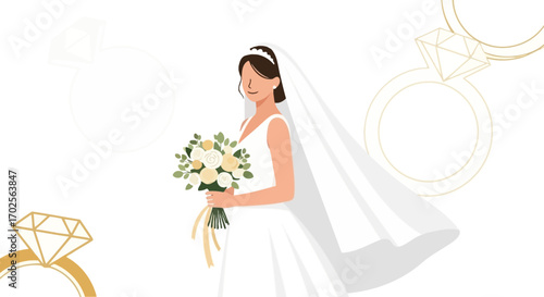 Joyful Bride Holding Bouquet With Rings Depicting Newlyweds And Upcoming Ceremony