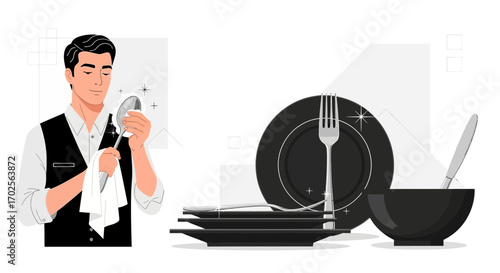 Man Polishing Silverware And Dishes Against a Clean Background For Culinary Presentation