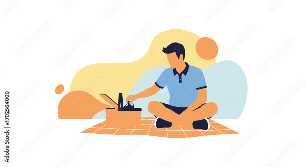 Fototapeta premium Man Preparing Picnic On A Mat With Food and Drinks, Minimalist Illustration Style