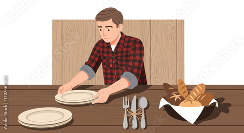 Man Preparing Setting Dinner Table With Bread, Utensils And Plates Before The Meal Begins