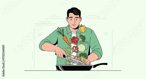 Man Preparing Fresh Vegetables For Cooking In a Pan with Modern Illustration
