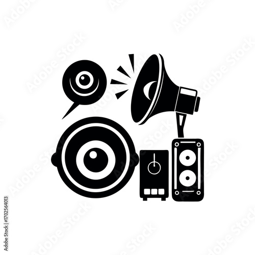 Stylized Audio System Black and White Vector Art with Various Sound Components silhouette vector