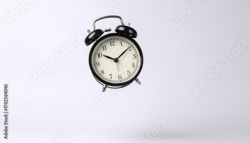 A simple white alarm clock analog, isolated on a pure white background. Timepiece, classic.