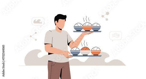Man Presenting Bowls Of Rice, Culinary Service And Food Delivery Illustration