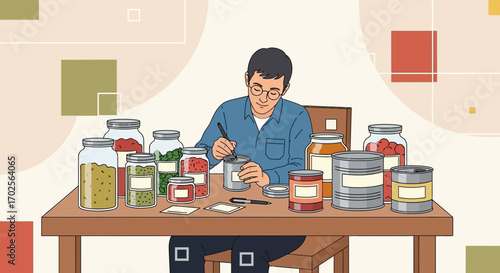 Man Preserving Food In Jars And Cans, Preparing Home Provisions For Storage