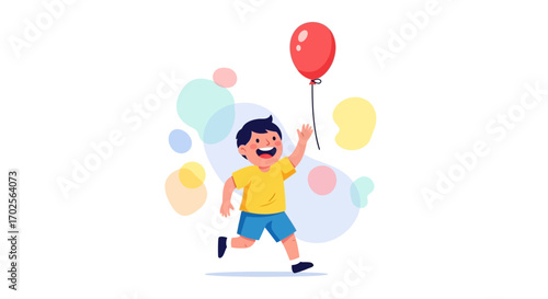 Joyful Child Chasing Dream Balloon, Vibrant Illustration of Fun and Happiness