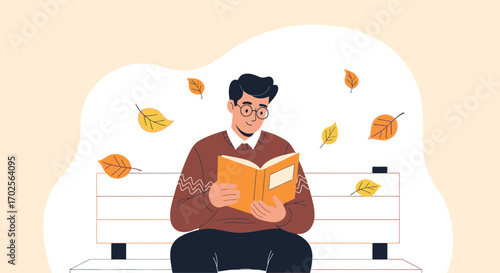 Man Reading Book in Autumnal Setting, Falling Leaves, Enjoying Literature Outdoors