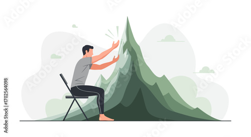Man Reaching Out Towards a Mountain on an Abstract Background Vector Illustration