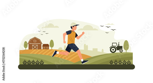 Man Running Across Idyllic Countryside During Beautiful Scenic Rural Morning Time