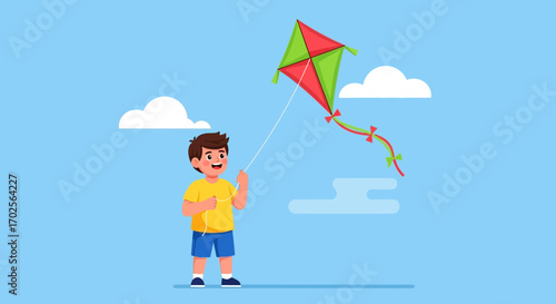 Joyful Child Flying a Colorful Kite Against a Blue Sky during a Sunny Day