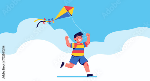 Joyful Child Flies Colorful Kite Under Bright Blue Sky During A Sunny Day