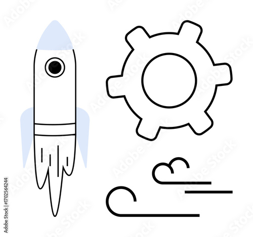 Rocket launching, gear outlining mechanical process, wind symbolizing movement and speed. Ideal for innovation, technology, startup growth, progress, motion engineering business drive. Flat simple
