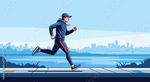 Man Running Along The Waterfront Path Towards An Urban Skyline In Early Dawn