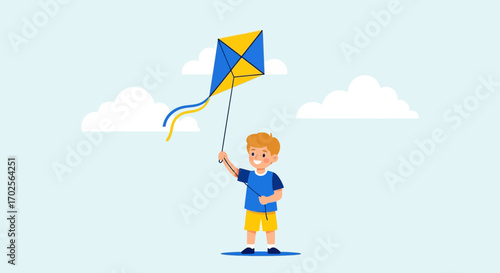 Joyful Child Flying A Colorful Kite On A Bright Sunny Day With Beautiful Clouds