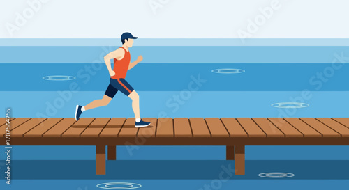 Man Running On Pier Over Water Representing Health And Fitness, Illustration
