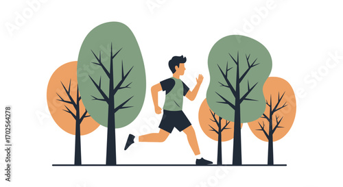 Man Running Through Park Amidst Trees in Stylized Illustration of Health and Movement