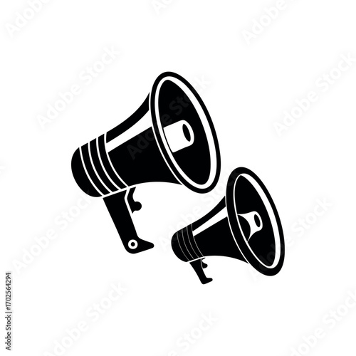 Black and white illustration of two megaphones representing communication and announcements silhouette vector