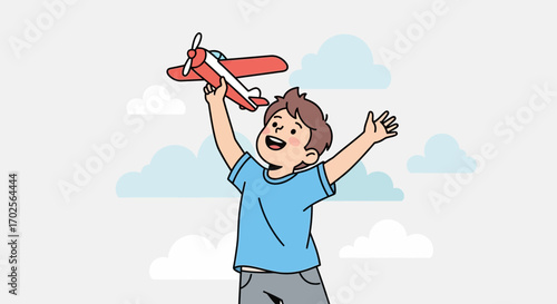 Joyful Child Launches Aeroplane Toy Against Cloudy Background Dreaming Of Flight