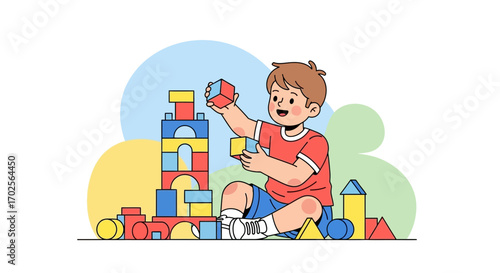 Joyful Child Imagining And Building A Tower Of Wooden Blocks, Playtime And Fun At Home