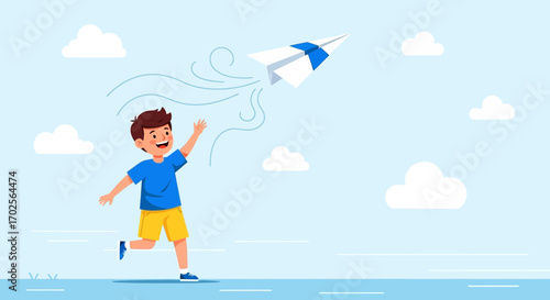 Joyful Child Launches Paper Airplane Into Azure Sky Celebrating Childhood Dreams and Adventures