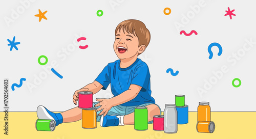Joyful Child Playing With Recycled Cans Laughing Happily Creative Illustration