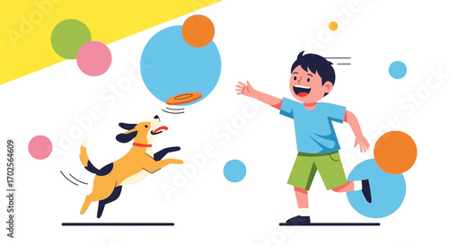 Joyful Child Playing With Dog, Throwing A Frisbee In Vibrant And Playful Scene